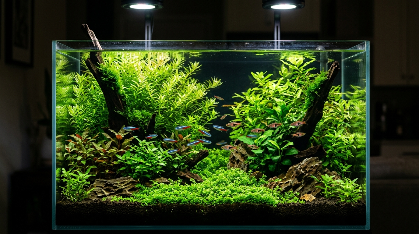 A planted freshwater aquarium lit by overhead LED bars